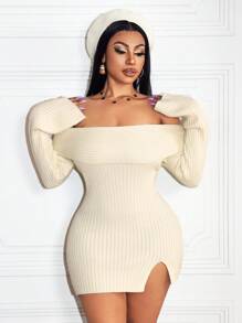 Zolique Women's Minimalist Elegant Off-Shoulder Bell Sleeve Sweater Dress, Autumn/Winter - Beige - View 4