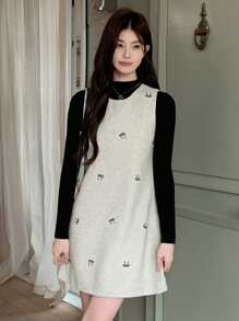 DAZY 1pc Women Bow Embroidered Mid-Length Dress, Cute Style For Autumn/Winter
