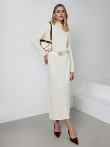 EURMUSE 2pcs/Set Casual Solid Color Long Sweater Dress, Autumn/Winter - Beige - View 4