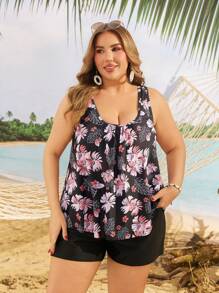 Swim Lushoire Plus Size Women Floral Print Casual Tankini Swimsuit, Bez rękawów Lato