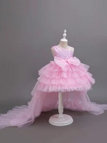 Glamorique Kids 女婴圣诞派对装圣诞老人连衣裙，新年连衣裙 - 4 季生日派对礼服，粉色亮片薄纱蛋糕裙，斜肩带柔软公主裙 - 粉色 - 查看 1