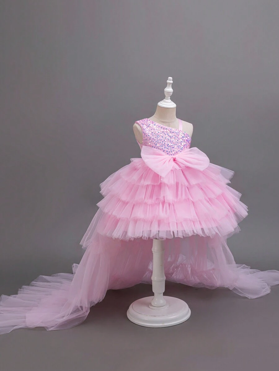 Glamorique Kids 女婴圣诞派对装圣诞老人连衣裙，新年连衣裙 - 4 季生日派对礼服，粉色亮片薄纱蛋糕裙，斜肩带柔软公主裙 - 粉色 - 查看 1