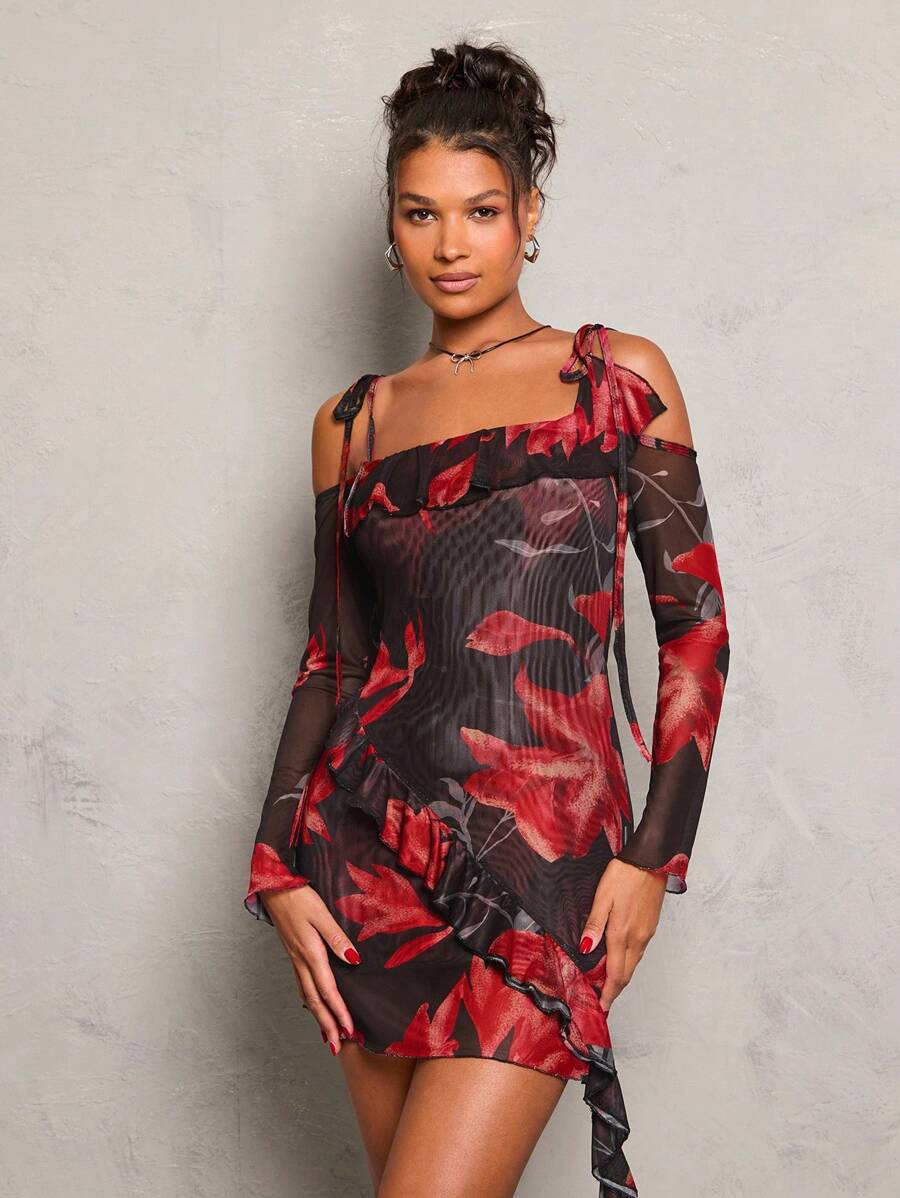 Glamine Abstract Flowers Print Asymmetric Neckline Tie Shoulder Dress,Strap Ruffle Hem Asymmetric Long Sleeve Dress For Women,  Elegant Outfit For Daily Dates, Clubbing, Party And Christmas,New Years Events Clothes,Autumn/Winter Clothes For Women - Multicolor - View 1