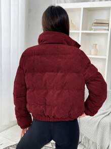 SHEIN EZwear Abrigo acolchado con botones delanteros lisos para mujer, invierno - Burdeos - Ver 2