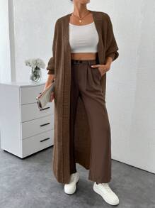 SHEIN Tall Drop Shoulder Open Front Longline Cardigan - Brown - View 6