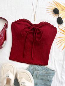 Soleia Áo crop top ren phối vải kết cấu gợi cảm phía trước cho nữ - Màu Đỏ Sâu - Xem 6