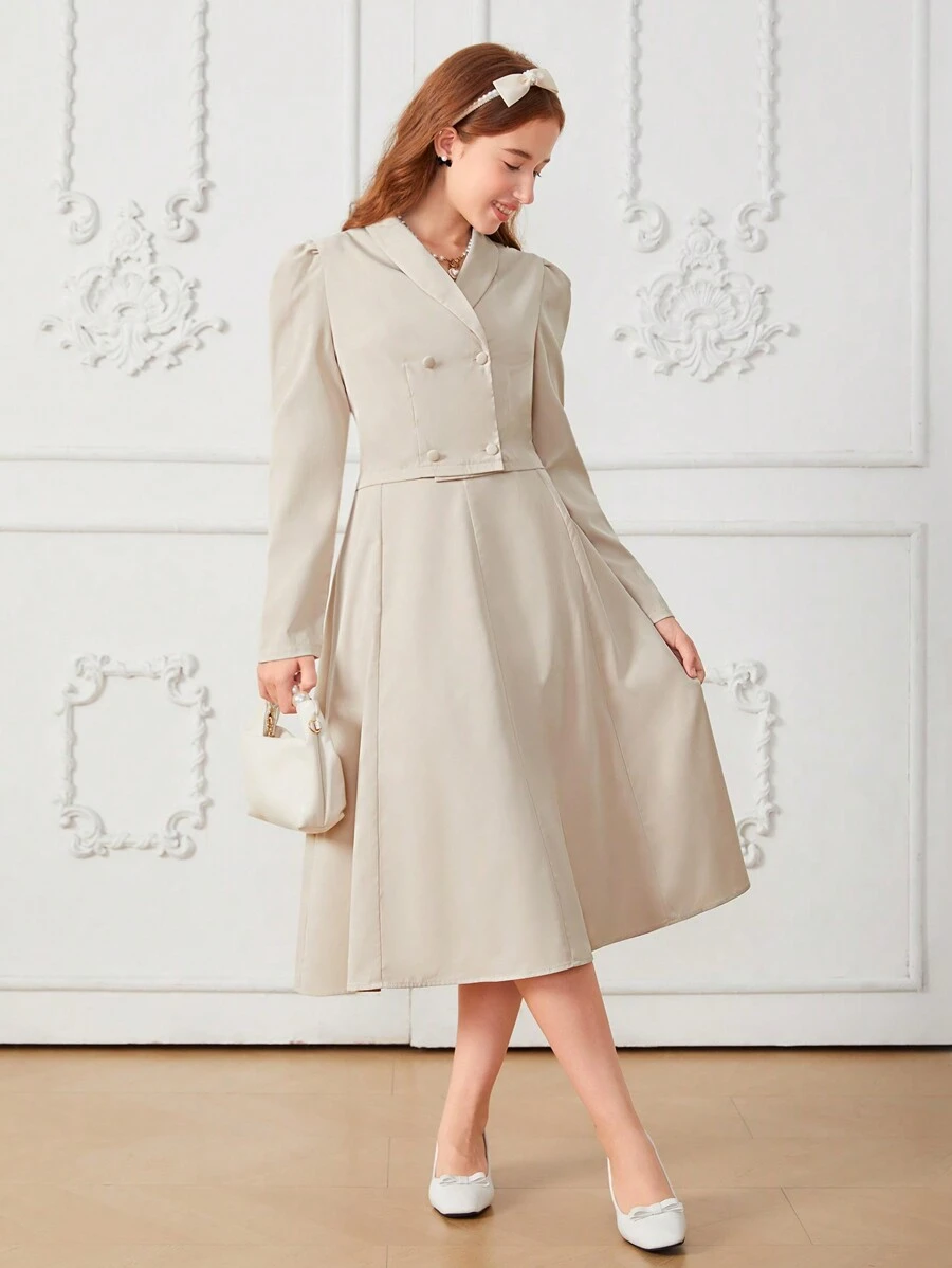 2pcs/Set Teen Girls Elegant Notched Collar Double-Breasted Short Blazer Jacket And Long Skirt Suit - Khaki - View 1