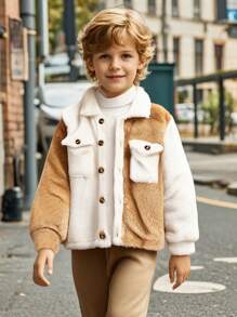 SHEIN 年轻男孩纯色拼布前扣长袖口袋简约夹克，休闲日常穿着 - 棕色 - 查看 5