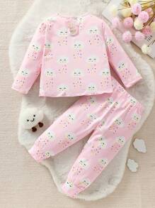 2pcs Baby Girls Casual Set With Cute Cloud Print Shirt And Long Pants, Comfortable Home Outfit