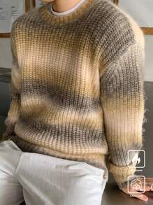 Manfinity CasualKnits 男士休闲宽松条纹圆领彩色套头长袖毛衣，秋冬季，适合外出、朋友 - 彩色 - 查看 1