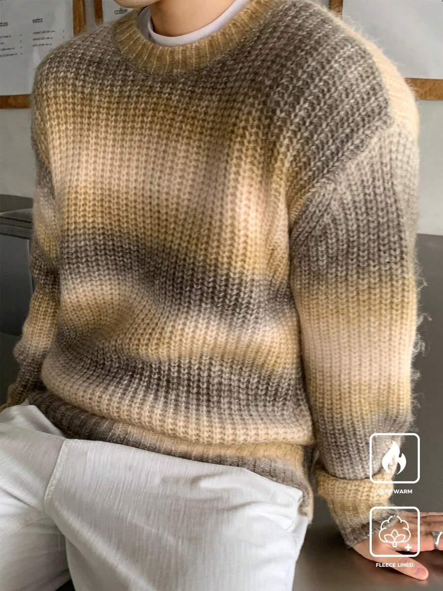 Manfinity CasualKnits 男士休闲宽松条纹圆领彩色套头长袖毛衣，秋冬季，适合外出、朋友 - 彩色 - 查看 1