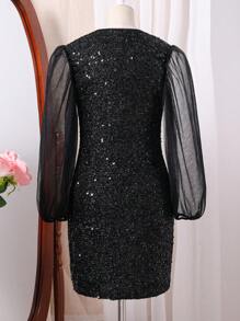 SHEIN Elladie kids Tween Girls 优雅亮片薄纱长袖连衣裙，适合秋季、春季和冬季通勤和聚会，黑色连衣裙，派对连衣裙 - 黑色 - 查看 6