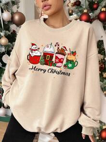 SHEIN EZwear 休闲卡通咖啡杯、姜饼人和雪人印花米色圆领宽松轻便女士运动衫、圣诞礼物 - 杏色 - 查看 4