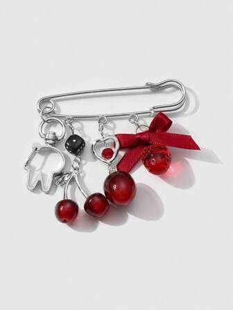 Kawaii 1 Stück modischer & vielseitiger hochwertiger Silberbrosche mit 3D-Herzflügeln, Schmetterlingsschleife mit Herz-Aushöhlung, imitierte Erdbeere, Kirsche, Würfel, Kaninchen Schlüsselanhänger Anhänger, geeignet für den täglichen Gebrauch von Frauen, Urlaubsgeschenk