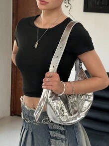 INAWLY Slim Fit T-Shirt Einfarbig für Frauen - Schwarz - Übersicht 4