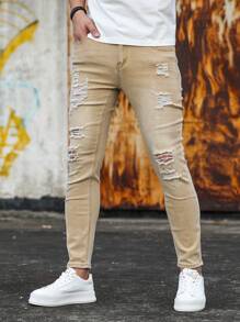 Manfinity LEGND 男士街头潮流纯色破洞紧身牛仔裤 - 卡其色 - 查看 4