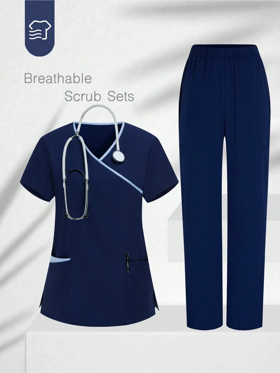 TaskEZ Set de uniforme de scrubs con top de manga corta escote en V y pantalones, de unicolor y parches - Azul Marino - Ver 1