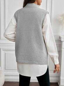 SHEIN 孕妇纯色立领开衩下摆休闲毛衣背心 秋冬季 - 淺灰色 - 查看 2