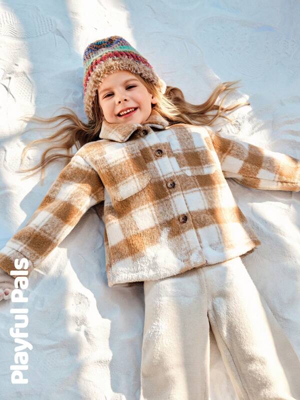 SHEIN Abrigo abrigado y grueso con patrón de cuadros, bolsillo y cuello de solapa para niña, nuevo estilo de moda de invierno, sencillo y elegante