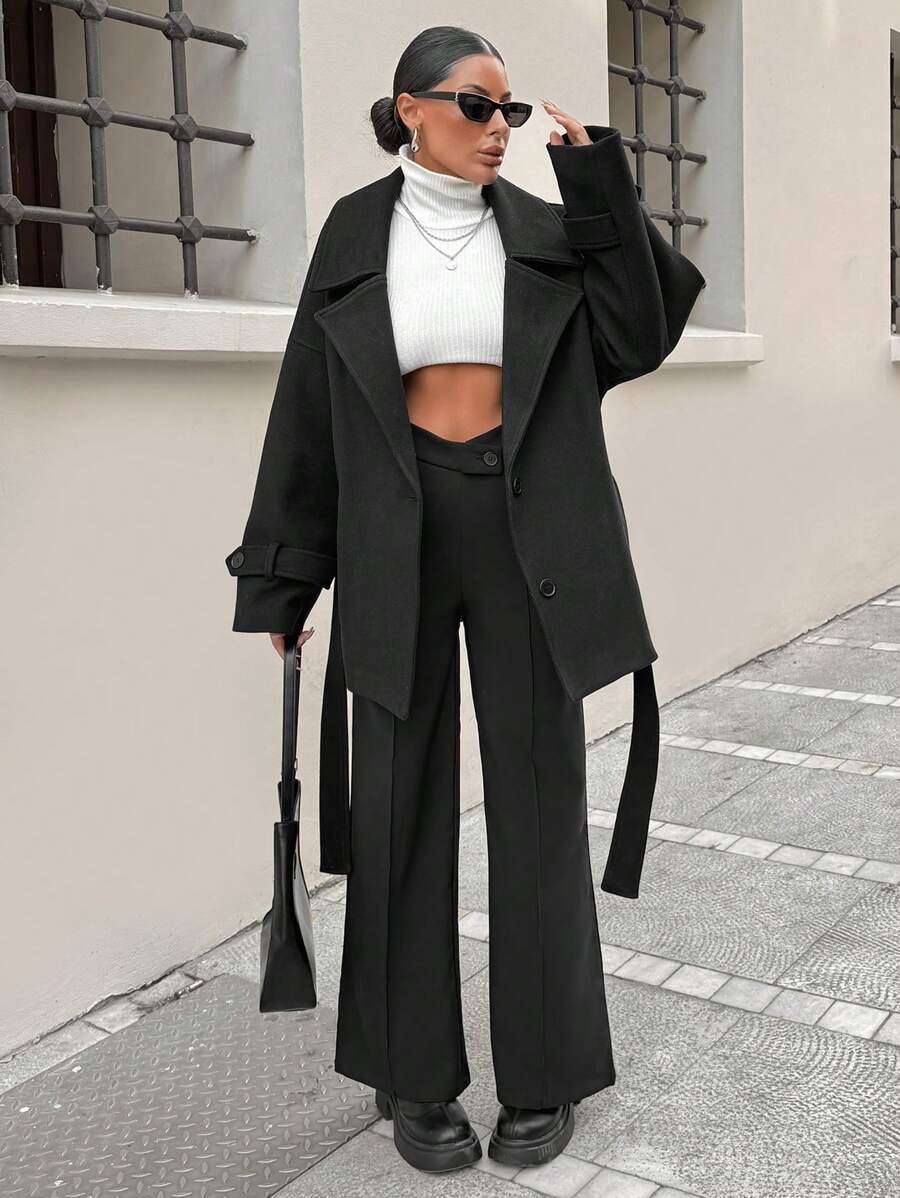 SHEIN Cottnline 女士纯色前扣长袖口袋休闲夹克，简约日常穿着 - 黑色 - 查看 1