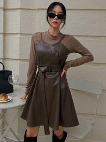 DAZY Women Stand Collar Patchwork Long Sleeve Tie Waist Mid-Length Dress,Fall Dress