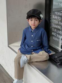 SHEIN 2pcs/Set Young Boy Casual Denim Effect Shirt And Loose Straight Leg Pants Outfit, Suitable For School & Daily Wear, Autumn/Winter - Multicolor - View 4