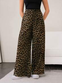 Mulvari Leopard Print Contrast Color Tape Patchwork Casual Leopard Print Pants