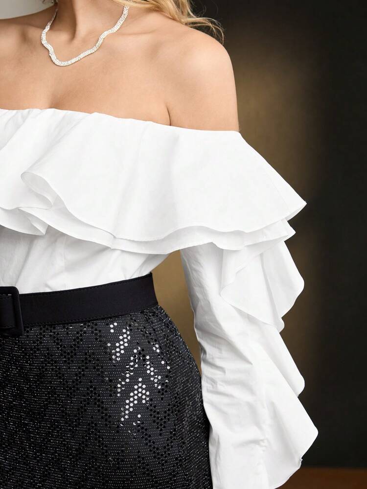 TWO TONE OFF SHOULDER LAYERED RUFFLE TRIM BUCKLE BELTED SEQUIN MERMAID HEM COCKTAIL DRESS