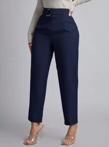 SHEIN PETITE Quần ống côn có thắt lưng mùa xuân cho nữ - Màu xanh hải quân - Xem 5