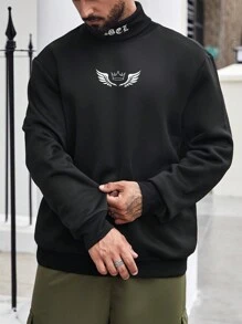 Manfinity Homme 大码男式皇冠图案高领长袖休闲套头连帽衫，秋季 - 黑色 - 查看 6