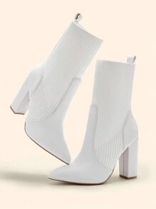 CUCCOO BASICS Damen modische weiße Stoff-Stretch-Spitze-Chunky-Heel Stiefel bis zur Mitte des Schienbeins, geeignet für Pendeln, Dates, Partys, Urlaub zu Weihnachten und Neujahr, Herbst- und Winterstimmung, Valentinstag