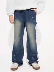 Jeans de pierna recta y acampanada, de estilo suelto y versátil, en estilo casual "Y2K" para niños preadolescentes, apropiados para uso diario y ropa de calle al aire libre - Azul lavado oscuro - Ver 1