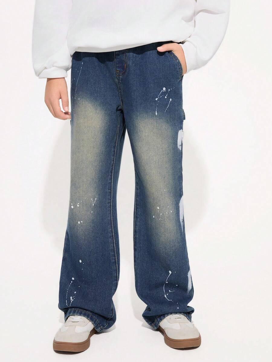 Jeans de pierna recta y acampanada, de estilo suelto y versátil, en estilo casual "Y2K" para niños preadolescentes, apropiados para uso diario y ropa de calle al aire libre - Azul lavado oscuro - Ver 1