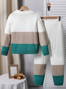 SHEIN 2pcs Set: Tween Boy Casual Chic Polo Collar Contrast Striped Polyester Sweater And 7/8 Jogger Pants, Suitable For Outdoor Sports And Shopping, Autumn/Winter - Multicolor - View 2