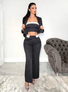 Zolique 3pcs Women Elegant Commuter Outfit Including Striped Collar Long Sleeve Jacket, Contrast Color Tube Top, And Pants, Autumn - Dark Grey - View 5