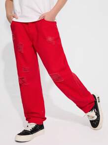Tween Boy Casual Red Distressed Straight Leg Jeans, Christmas - Red - View 6