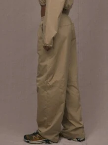 MUSERA Elastic Waist Shell Trousers 90's Summer Casual Cute Summer - Khaki - View 2