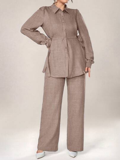 Graceveil Women 2pcs Set Front Button Long Sleeve Casual Blouse And Trousers 2 Pieces Set Modest Fall Cloth For Women
