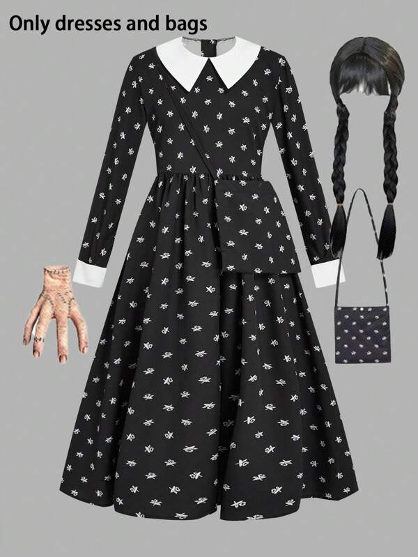 SHEIN Sweetra Young Tween Girl Halloween "Wednesday" Style Elegant Floral Print Turndown Collar Long Sleeve A-Line Dress, Suitable For Party Cosplay Outfits, Only Sold As Dress