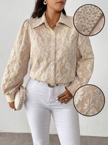 Flirla Plus Size Full Print Front Button Elegant Ladies Long Sleeve Blouse Women Shirt - Apricot - View 1