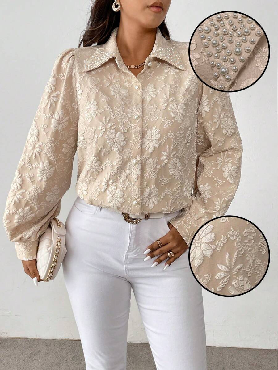 Flirla Plus Size Full Print Front Button Elegant Ladies Long Sleeve Blouse Women Shirt - Apricot - View 1