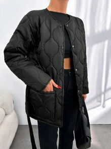 EURMUSE Quilted Dual Pocket Belted Winter Coat - Black - View 3