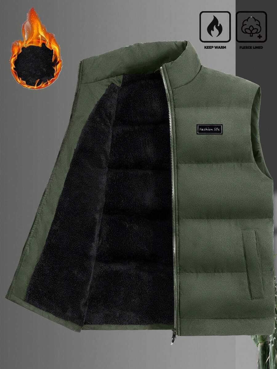 Manfinity Homme Loose Fit Men's Letter Patched Thick Padded  Vest Jacket - Army Green - View 1
