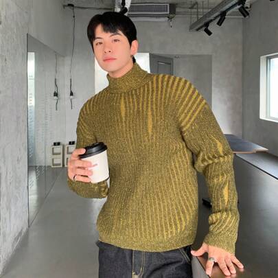 남성용 캐주얼 일상 하이넥 루즈 컬러블록 드롭숄더 긴팔 풀오버 스웨터, 가을/겨울 외출, 친구용