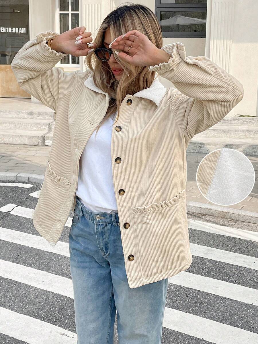 SHEIN Frenchy Damen Jacke mit flauschigem Kragen, zweifarbig, aus Cord mit gerüschtem Saum, beheizt, thermisch, flauschig, pelzig, Damenkostüme, Herbst, Pendeln, minimalistisch, Büro, Old Money, Thanksgiving, Knopf, Retro, elegante Damen, Festivalkleidung, Business Lässig Damen
