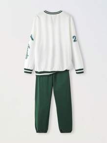 SHEIN 2pcs/Set Teen Boys Casual V-Neck Collegiate Style Outfit - Dark Green - View 2