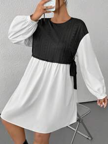 SHEIN EZwear 大码拼色圆领长袖百褶下摆休闲短款连衣裙 - 黑與白 - 查看 5