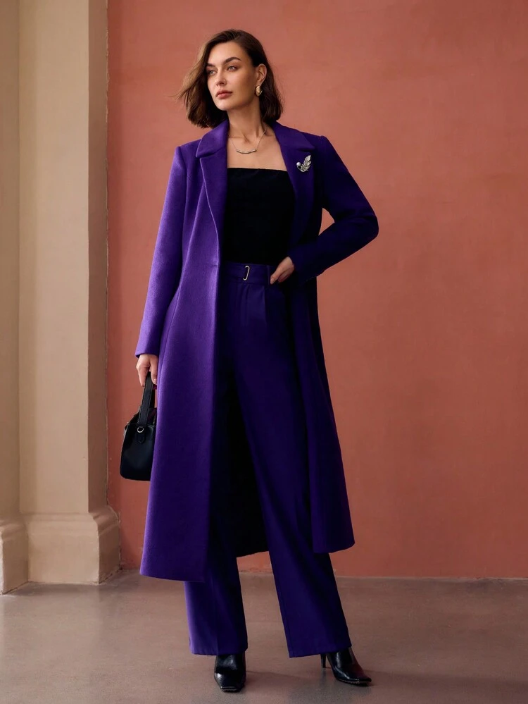 SOLID BUCKLE WAIST SEAM FRONT STRAIGHT LEG SUIT PANTS