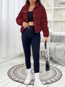 SHEIN EZwear Abrigo acolchado con botones delanteros lisos para mujer, invierno - Burdeos - Ver 4