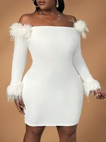 Slaydiva Váy midi dệt kim hở vai cao cấp thanh lịch cỡ lớn cho nữ (xù), Thu/Đông - trắng - Xem 5